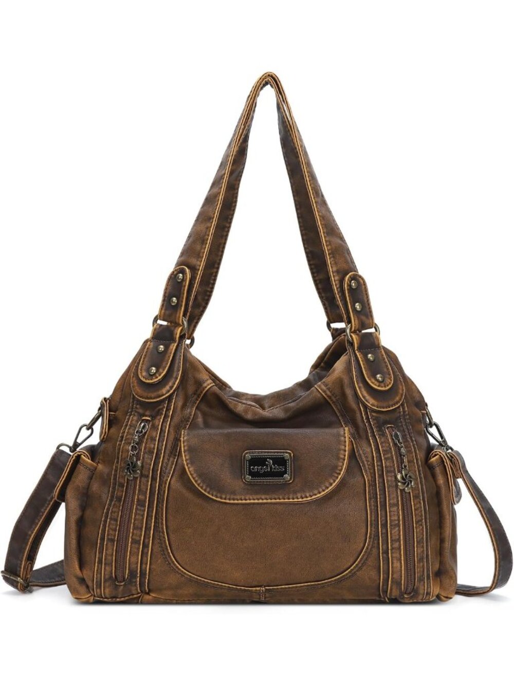 Stylish Washed Leather Tote Bag - Multi-Pocket Shoulder Hobo Handbag for Women